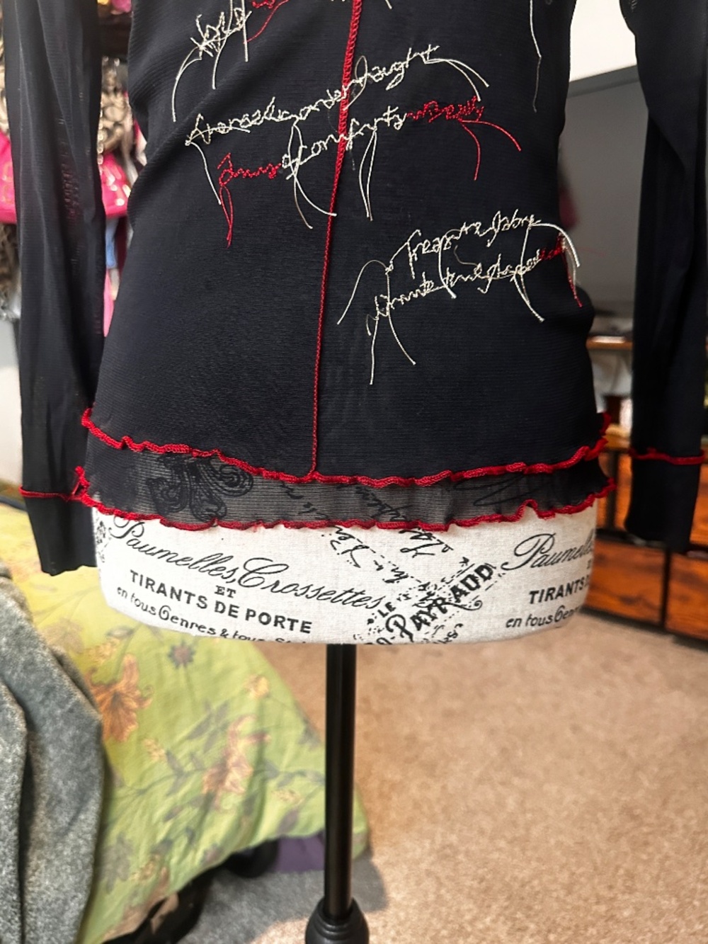Black double layer mesh euro long sleeve top with red trim and intentional threa - Picture 4 of 9